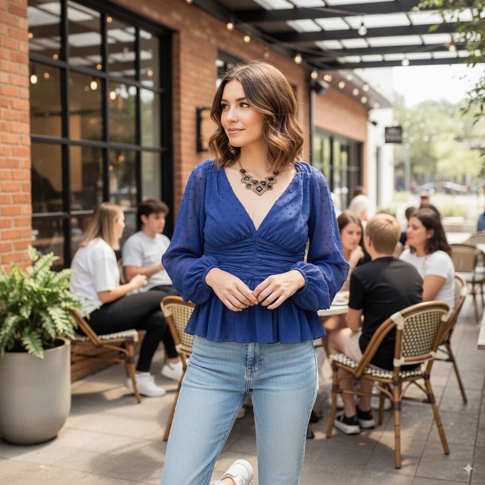 BELLEVUE THE LABEL Malia Long Sleeve Blouse Top in Navy Size Small NWT